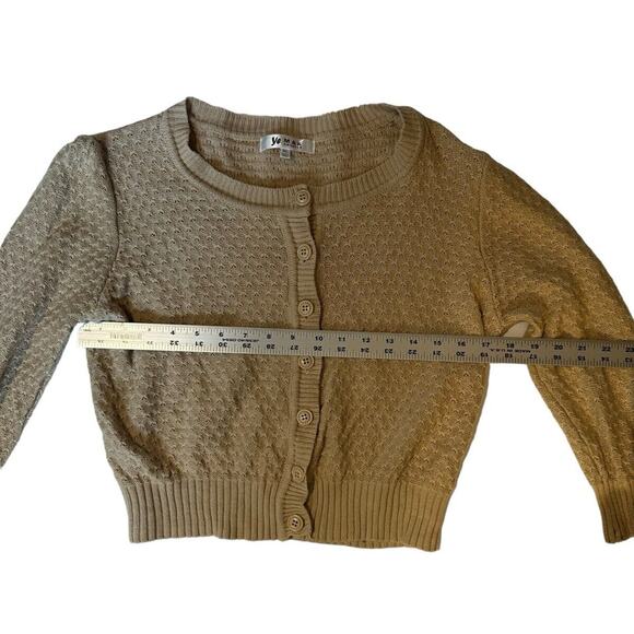 YEMAK Beige Women's Knit Boho Pointelle Button-Down Cardigan Band Hem X Large - Picture 4 of 6